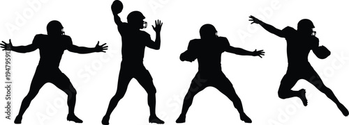 WebAmerican football players silhouettes set cad drawing flat vector illustration of athletes in action throwing catching and blocking during game.
