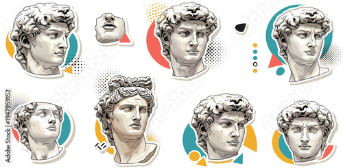 Michelangelo David Statue Head Pop Art Style Set with Classical Sculpture Bust and Modern Geometric Elements for Contemporary Vector Illustrations