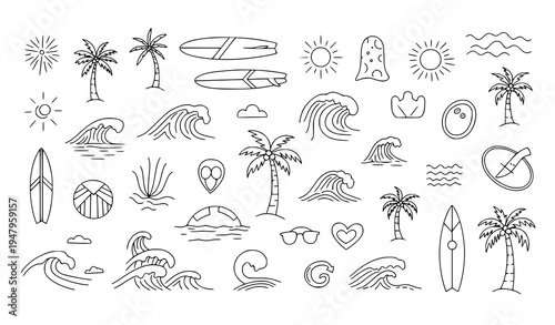 Minimal Hand Drawn Tropical Surf and Beach Doodle Icons Vector Collection