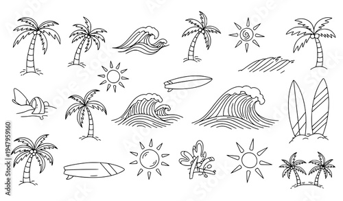 Playful Tropical Beach Surf Doodle Vector Illustration Set for Summer Design
