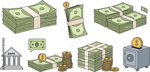 Money Cash Stack and Gold Coins Icon Set with Bank Building, Safe Vault and Dollar Currency Symbols for Finance, Banking and Business Vector Design