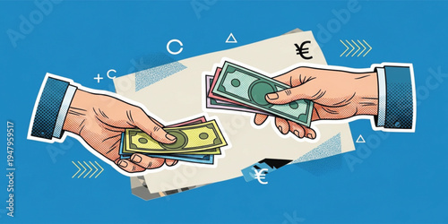Pop Art Hands Exchanging Cash Money Vector Illustration with Currency Symbols, Financial Transaction Concept for Payment, Business Deal, Banking, and Economic Exchange