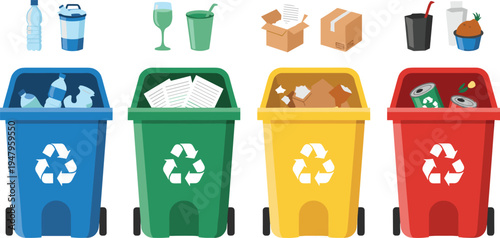 Recycling Waste Sorting Bins Illustration with Plastic, Paper, Organic, and Metal Trash Containers for Environmental Protection, Sustainability Education, and Garbage Management Design