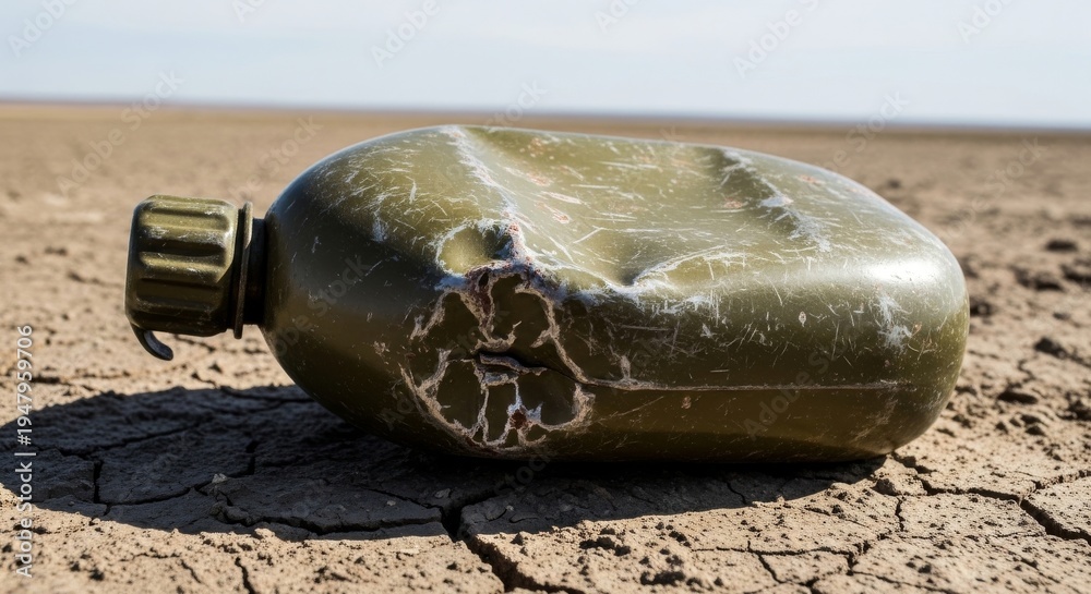 Obraz premium Dented and Scratched Soldier's Empty Canteen on Dry Ground