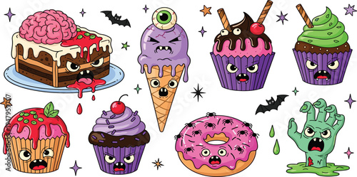 Spooky Halloween Dessert Cartoon Character Set with Creepy Cupcakes, Donut, Ice Cream, Cake and Zombie Hand for Horror Holiday Vector Illustrations