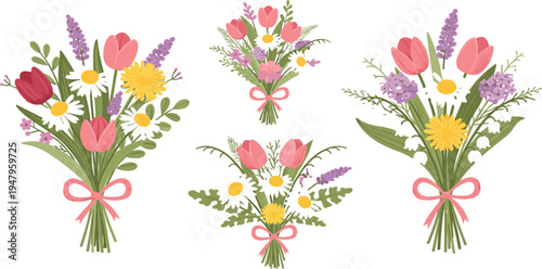 Spring Flower Bouquet Collection with Tulips, Daisies, Lavender and Wildflowers Tied with Ribbon Bow for Floral Decoration, Greeting Cards, Wedding Designs, and Botanical Vector Illustrations