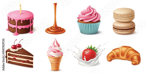 Sweet Dessert and Bakery Icon Set with Cake Cupcake Macaron Croissant Ice Cream Strawberry and Caramel Sauce for Food Menu Design