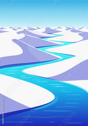 Exotic Blue River Winding Through White Desert Dunes A Serene Vector Illustration of an Otherworldly Landscape a6