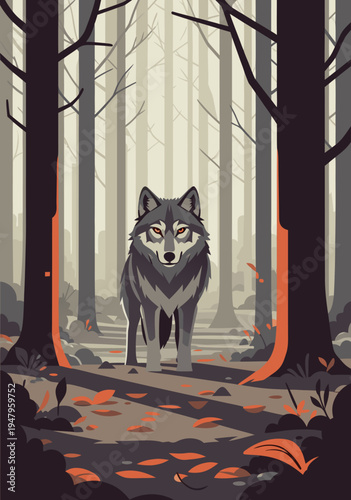 An eerie vector illustration of a fierce wolf standing in a dimly lit forest with fallen leaves and tall trees surrounding it