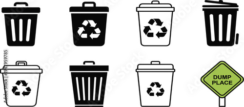 Trash Can and Recycling Bin Icon Set with Garbage Containers, Waste Disposal Symbols and Dump Place Sign for Environmental Sanitation Vector Design