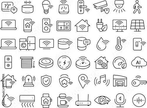 Modern internet of things vector icons. Smart house control, security, and energy efficiency line art collection.