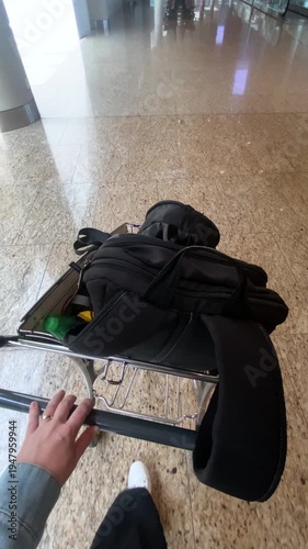 Individual pushing a luggage cart with a black bag through a spacious airport terminal with polished floors and modern architecture visible in the background