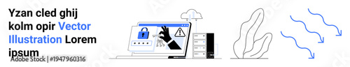Cybersecurity, data protection, online safety, digital security, network encryption, system hacking. Locked screen, security alert and server with cloud and line art elements. Cybersecurity and data