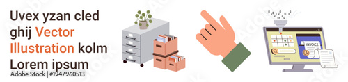 Office organization, document management, online payments, digital interactions, workflow efficiency, modern technology. Filing cabinet, hand gesture and computer screen displaying invoice. Office