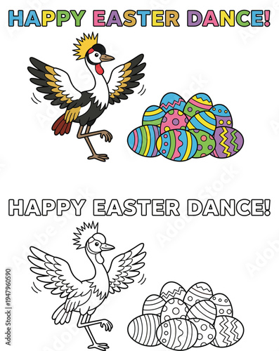 An adorable dancing crowned crane bird with Easter eggs. Color and outline of a Happy Easter Dance cartoon vector illustration