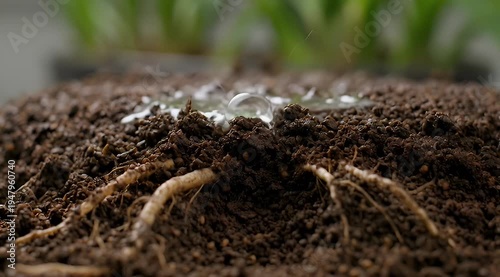 Closeup photograph showcasing water droplets on fertile soil and plant roots