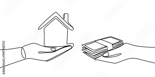 Continuous Line Drawing of Hand Exchanging House for Cash Money