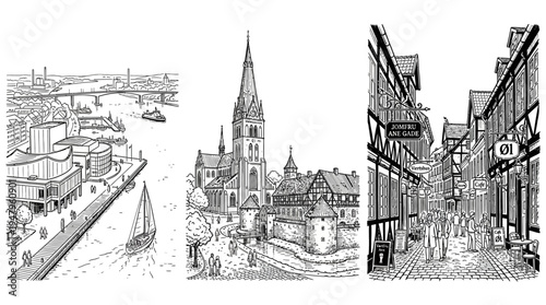 Cityscapes in Black and White Line Art Style