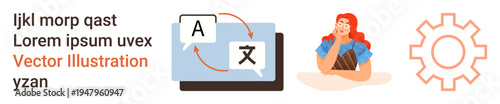 Language translation, software development, problem-solving, workflow optimization, digital tools, innovation. Screen with language symbols, gear and woman pondering. Language translation