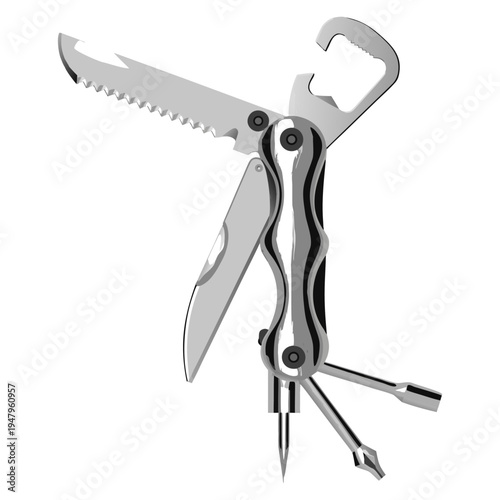 Garden scissors and metal tool isolated on white background illustration with closeup detail.