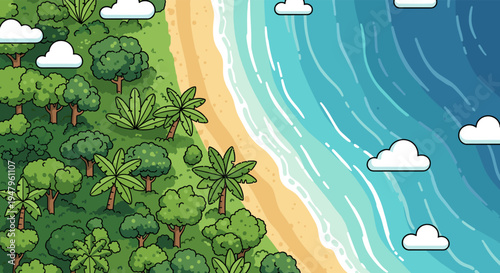 Tropical Beach Coastline Aerial View with Ocean Waves and Palm Trees Summer Illustration