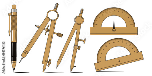 Drawing compass and ruler drafting tools isolated on white background illustration.