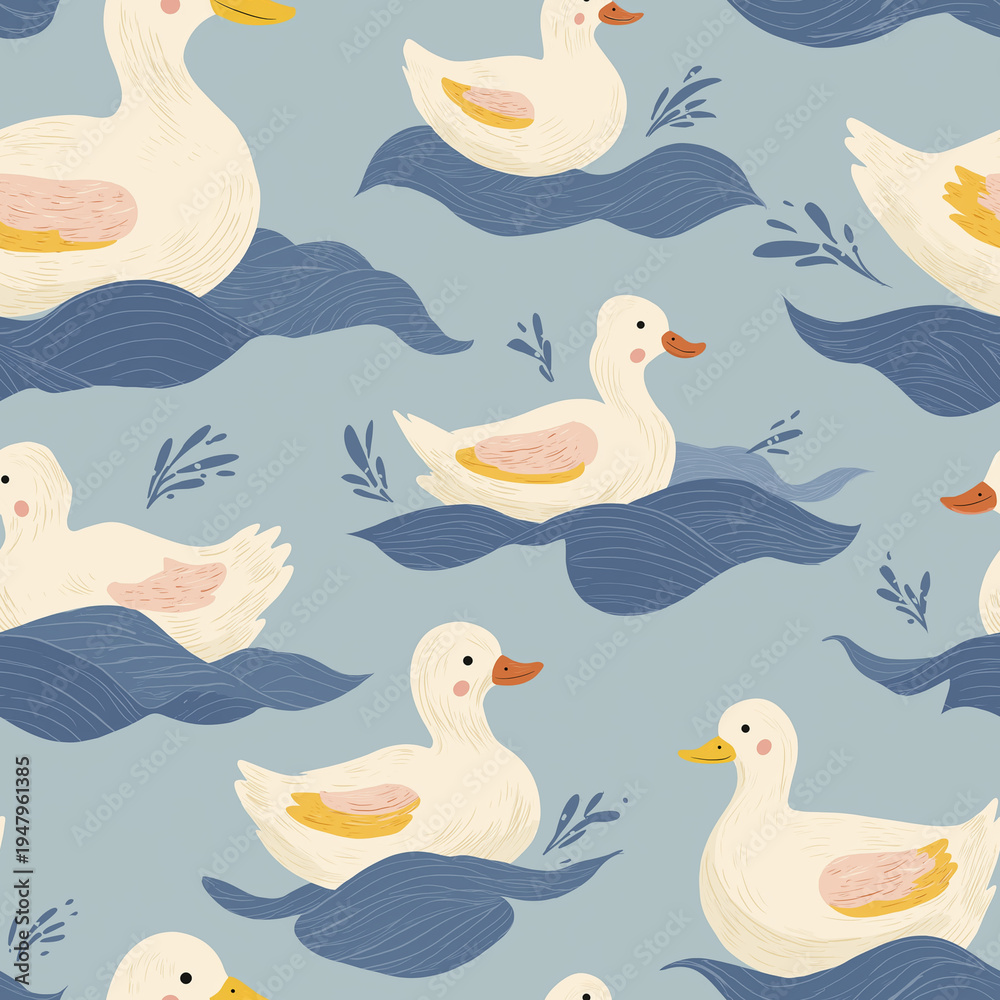 Fototapeta premium Seamless cute duck pattern with white ducks floating on stylized blue waves over a soft blue background, playful whimsical repeating design in a gentle modern storybook style