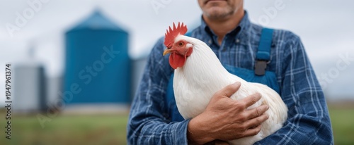 Wallpaper Mural A cheerful individual cradles a white rooster on a sunny farm with a blue silo. Torontodigital.ca