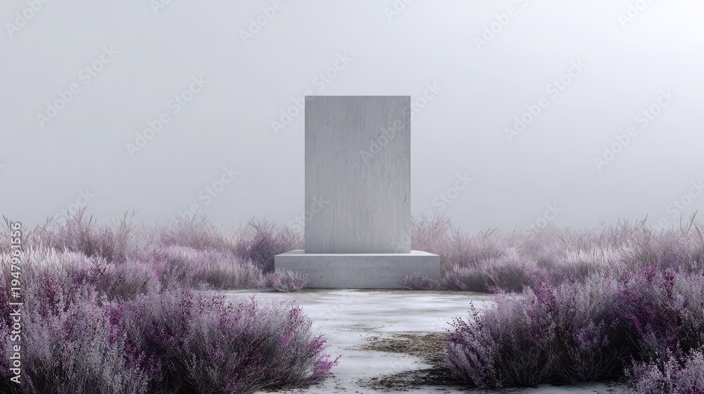 Obraz premium Minimalist white stone cenotaph standing in misty field of purple sage and lavender flowers