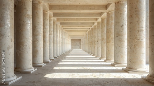 Symmetrical rows of minimalist white stone pillars colonnade in harsh noon light perspective view