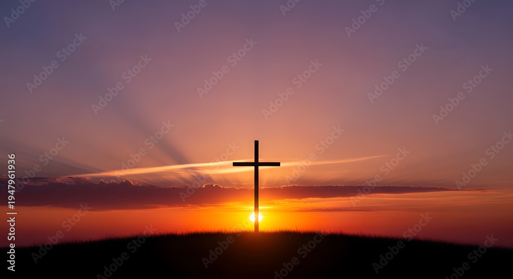 Obraz premium Good Friday Cross on Hill at Sunset – Christian Holy Week Background