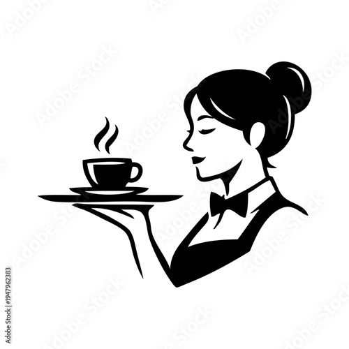 Logotipo camarera. Dibujo con líneas de una mujer con uniforme de camarera, llevando una bandeja con una taza de café humeante en un plato