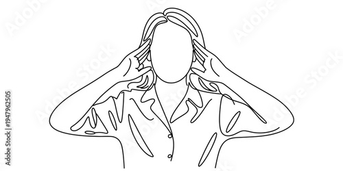 Woman touching temples headache stress continuous line minimal vector illustration