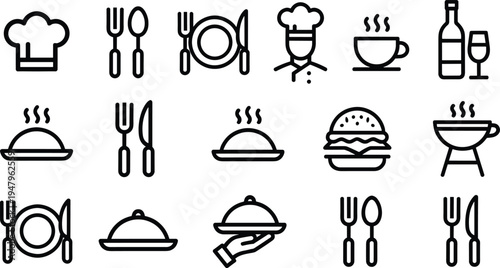 Food and dining line icons, chef hat, utensils, plate, coffee, wine, dish, grill, hamburger, cooking, restaurant, culinary, kitchen