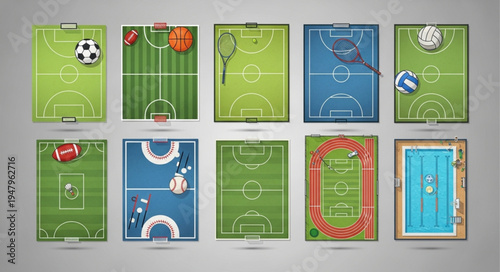 Diverse Sports Field Illustrations - Top-Down Views for Various Games.