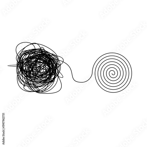 Concept of Chaos to Order: Tangled Mess Resolving into a Perfect Spiral Line on White Background