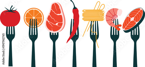 Forks holding diverse foods, tomato, orange, meat, chili, spaghetti, shrimp, salmon, seafood, pasta, vegetable, fruit, cuisine, diet