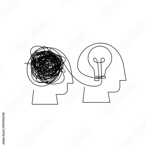 From Confusion to Clarity: Two Minds, Tangled Thoughts and Light Bulb Idea, Problem Solving Concept