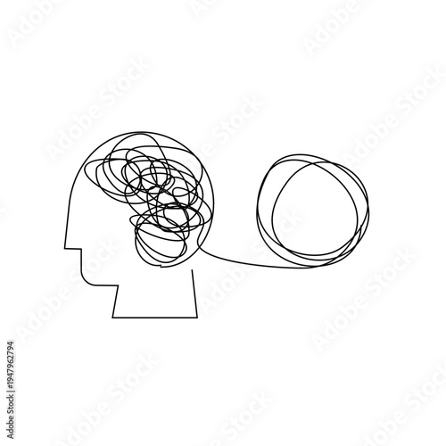 Minimalist line art of a human head with tangled thoughts connected to a clear circle, symbolizing mental health, therapy, and problem-solving.