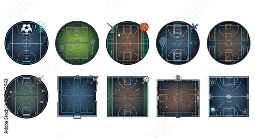 Overhead Views of Various Sports Fields and Courts for Game Strategy.