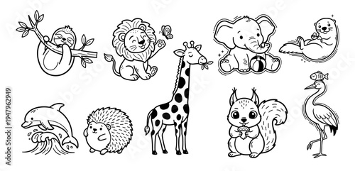 Cute hand drawn animal doodle set featuring sloth, lion, giraffe, elephant, otter, dolphin, hedgehog, squirrel and heron in adorable cartoon style. Black and white line art vector illustration
