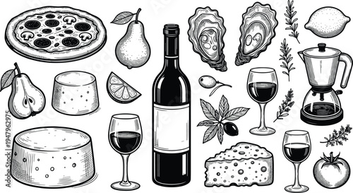 Vintage gourmet food illustration, pizza, pear, wine, oysters, lemon, tomato, cheese, herbs, olive, coffee maker, culinary, dining, cuisine
