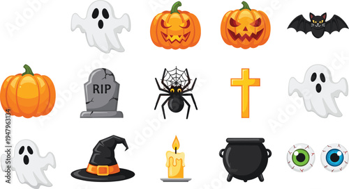 Halloween flat vector icon set featuring spooky ghosts, carved jack o' lantern pumpkins, black bat, creepy spider, witch hat, graveyard tombstone, and glowing candle.