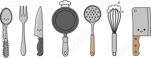 Set of cute cartoon kitchen utensil characters featuring a spoon fork knife frying pan skimmer whisk and meat cleaver with funny smiling faces