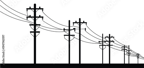 Black silhouette of electric power line poles and utility cables, industrial energy infrastructure illustration, urban electrical grid isolated on white. (20 words)