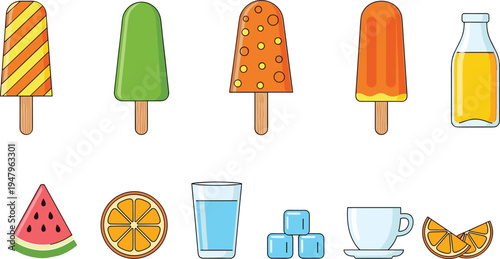 Summer refreshing snacks vector set featuring fruit popsicles ice lollies watermelon slice orange juice bottle water glass and ice cubes for seasonal cooling food design