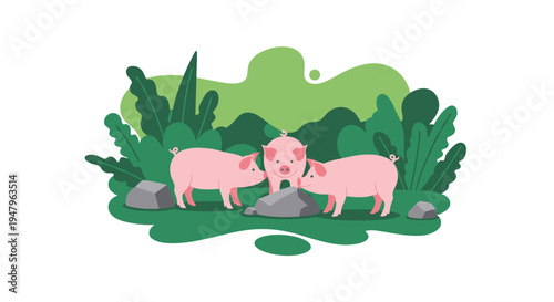 Three cute pink pigs standing together in a green field with large rocks and lush bushes in the beautiful background.