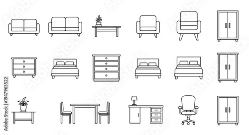 Collection of Furniture Icons - Sofa, Bed, Table, Chair, and Wardrobe.