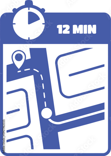 A blue and white vector icon depicting a navigation map route with a twelve minute travel duration