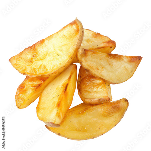 Pile of Crispy Baked Potato Wedges fried golden brown isolated on a transparent background